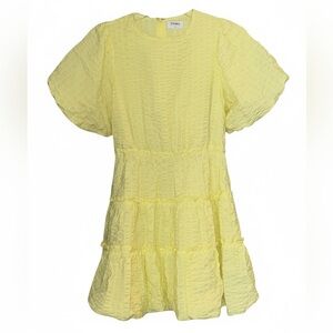 STORIA yellow textured mini dress shirt puff sleeves ruffles cotton size small